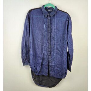 Umit Unal Silk Cotton Semi-Sheer Pintuck Button Up Tunic Top Navy Black M